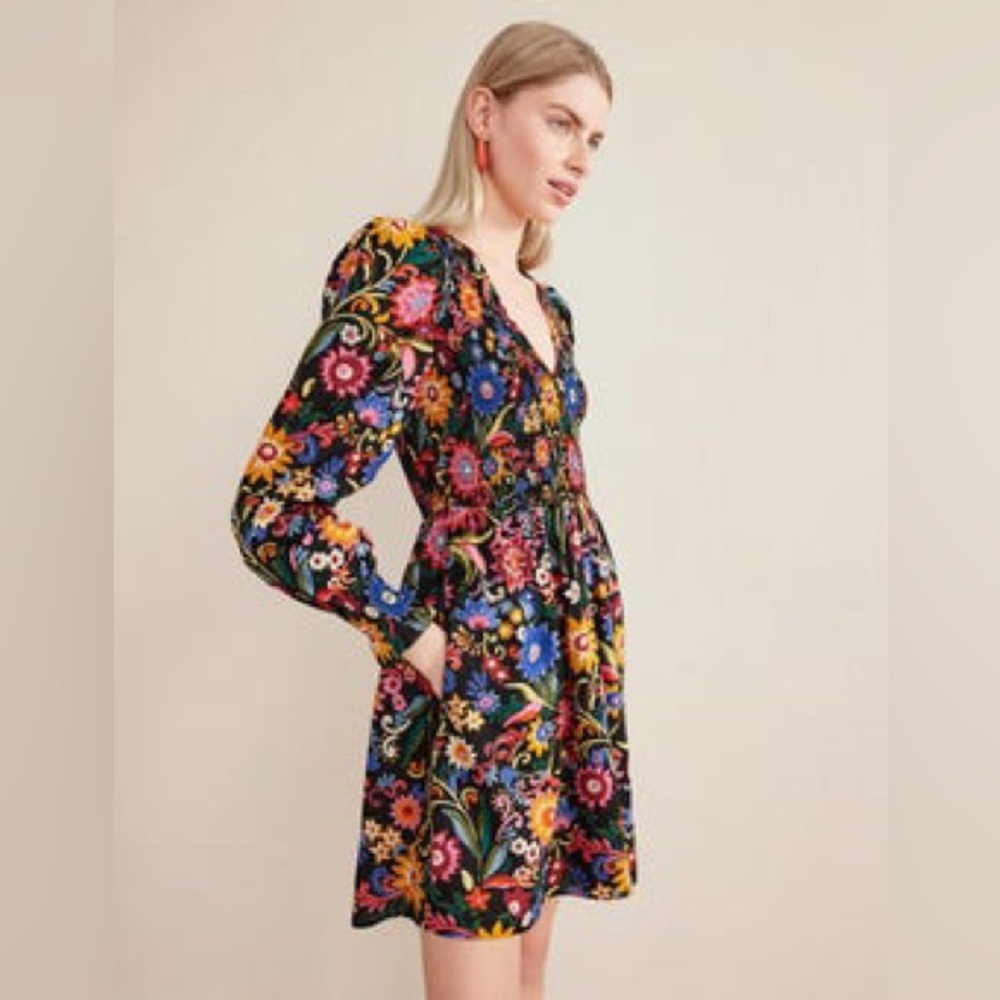 Boden Floral Mini Dress in Black with Multicolor Print